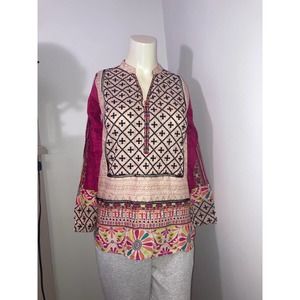 Khaadi Pret Short Tunic Top Blouse Pink Multicolored Middle Eastern Nwt size 10